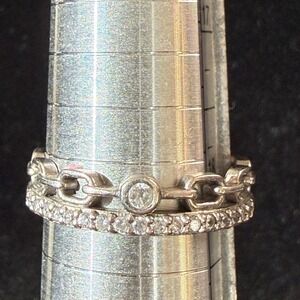 Freida Rothman 925 Sterling Silver Double Band Chain and Pave CZ Ring Stack ring
